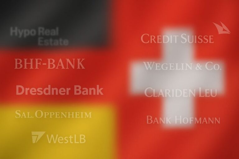 Logos of defunct or merged German and Swiss banks overlaid on a background combining the German and Swiss flags. Trust fading