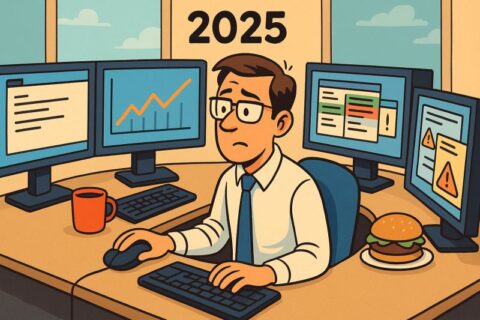 Illustration eines Mannes an einem Schreibtisch mit mehreren Monitoren im Jahr 2025, die die Überlastung der Bildschirme in der Vermögensverwaltung widerspiegelt