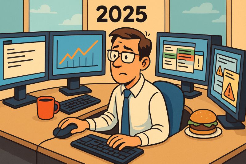 Illustration of a man at a desk with multiple monitors in 2025, reflecting wealth management screen overload