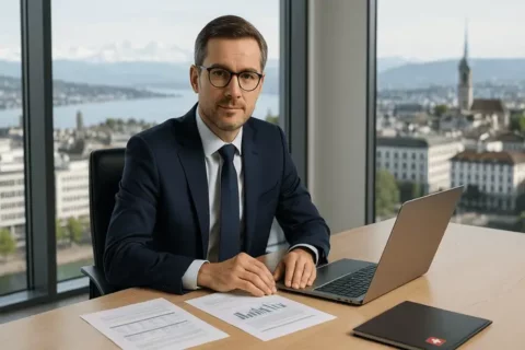 Unabhängiger Vermögensverwalter in einem modernen Zürcher Büro mit Blick auf die Schweizer Alpen und den Zürichsee, der mit einem Laptop Finanzunterlagen prüft.