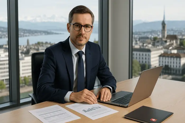 Unabhängiger Vermögensverwalter in einem modernen Zürcher Büro mit Blick auf die Schweizer Alpen und den Zürichsee, der mit einem Laptop Finanzunterlagen prüft.