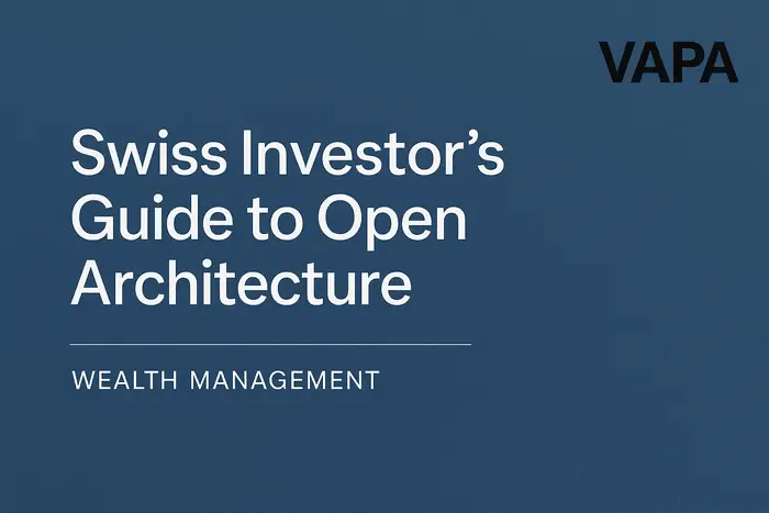 Title slide with text “Swiss Investor’s Guide to Open Architecture”, designed for a wealth management PDF targeting independent investors in Switzerland.
