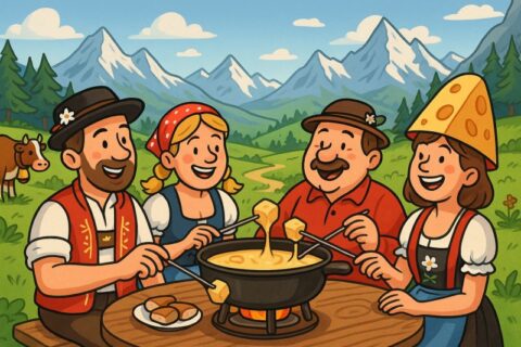Schweizer Familie im Cartoon-Stil genießt Fondue mit den Alpen im Hintergrund und feiert den Nationalfeiertag mit Charme und Tradition
