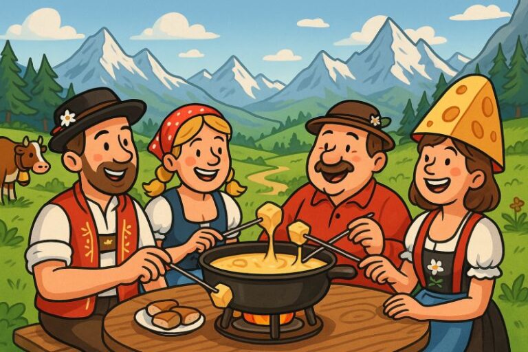 Cartoon-style Swiss family enjoying fondue with Alps in background, celebrating National Day with charm and tradition