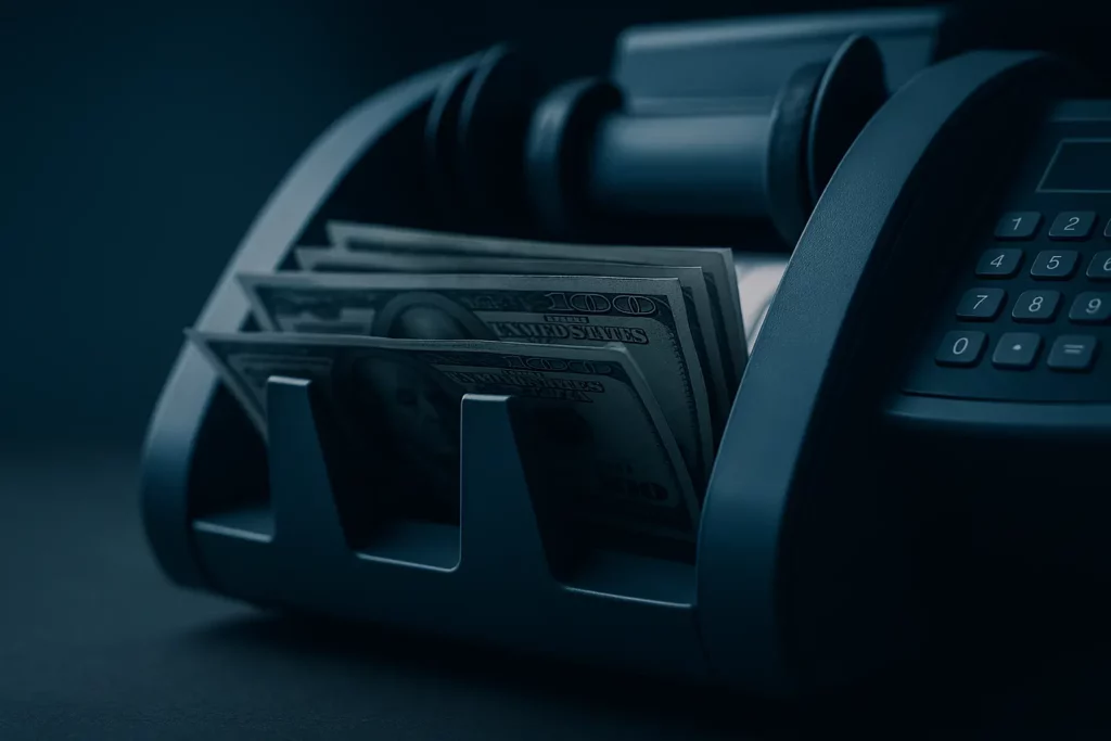 Close-up of an automated banknote counting machine symbolising money market instruments and time deposits in Swiss wealth management