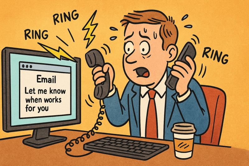 Gestresster Berater, der mit zwei Telefonen jongliert, während in einer E-Mail steht: "Lassen Sie mich wissen, wann es Ihnen passt".