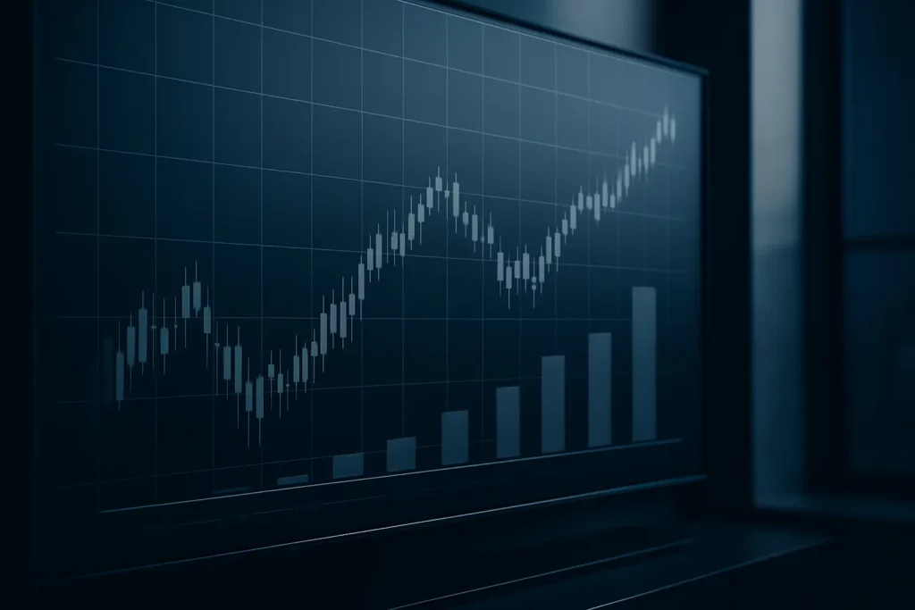 Aktien als Finanzdiagramm mit dynamischen Balken und Kurven, die die öffentlichen Märkte in der Vermögensverwaltung widerspiegeln