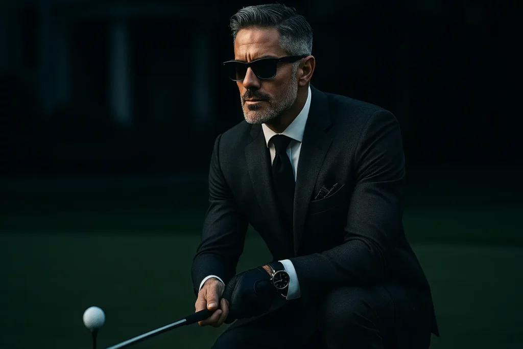 Stilvoller Privatbankier im Maßanzug und mit Sonnenbrille, der auf dem Grün einen Golfschläger hält, als Symbol für Macht und Präzision.
