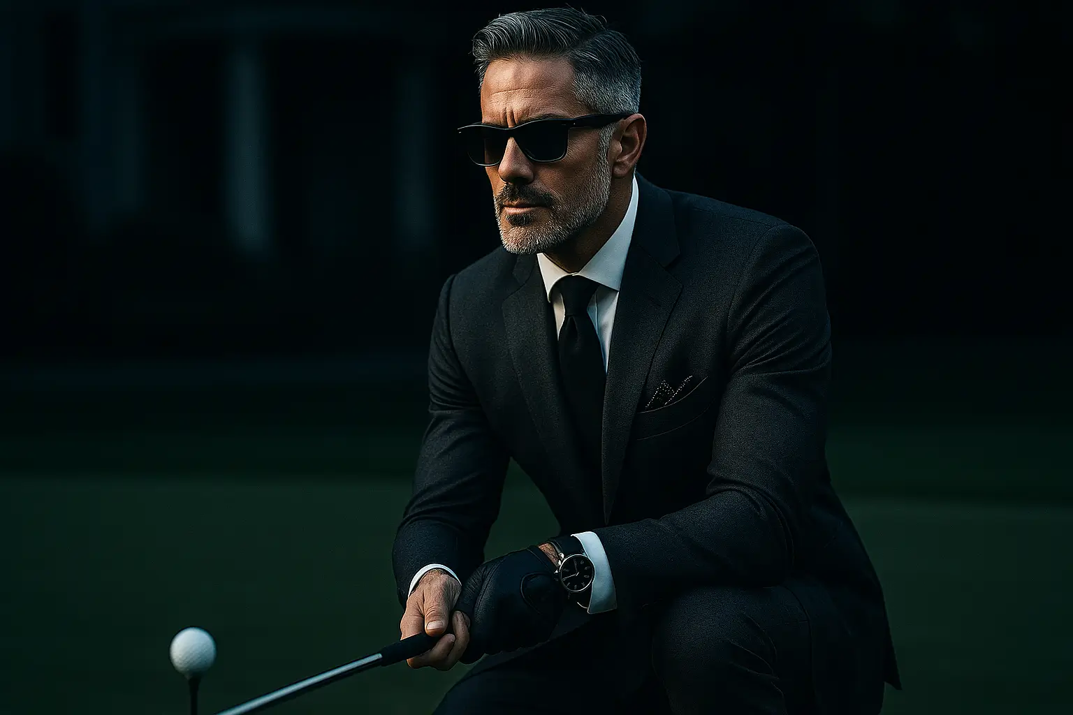 Stylish private banker in a tailored suit and sunglasses holding a golf club on the green, symbolising power and precision.