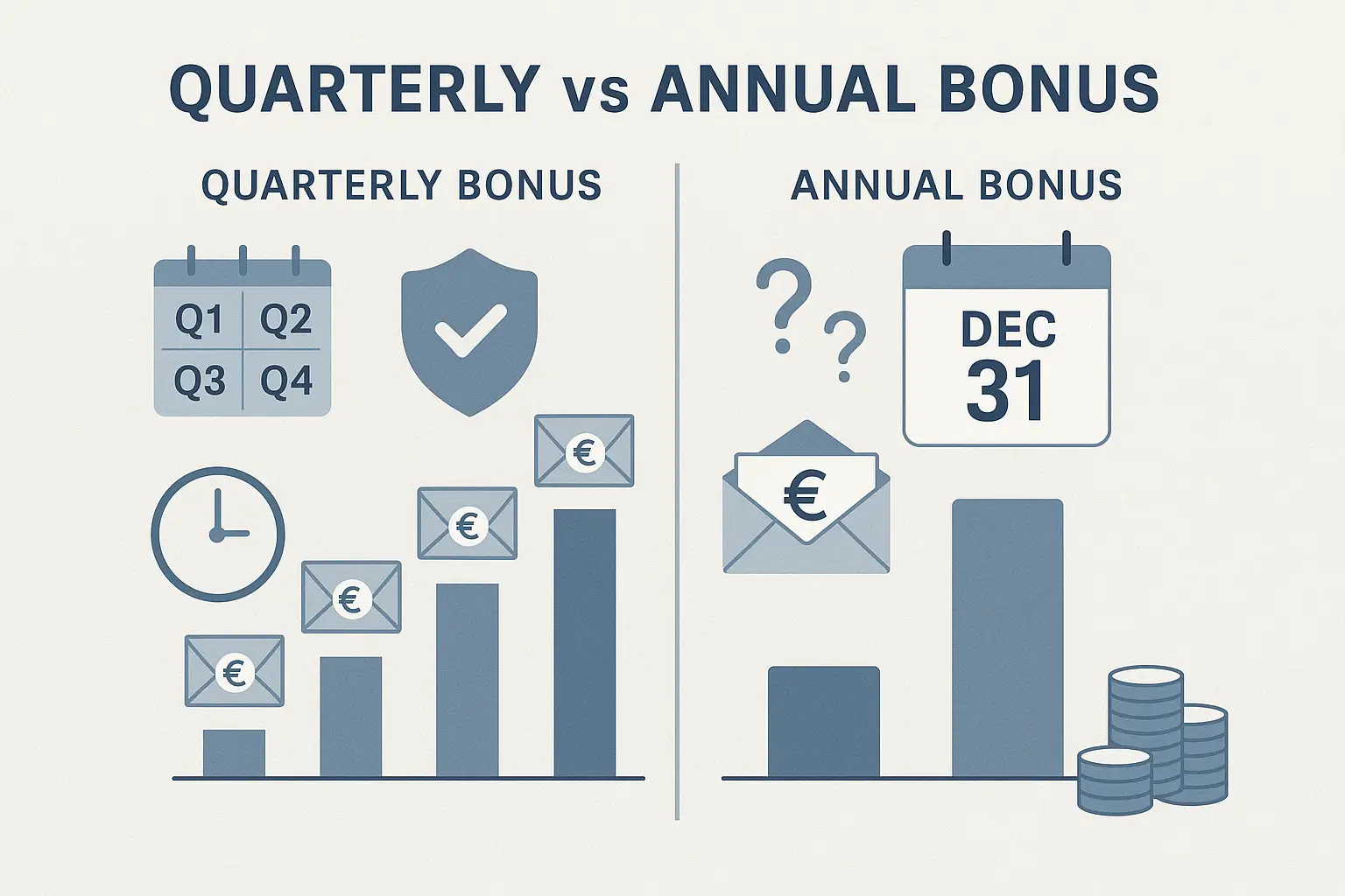 Infographic comparing quarterly and annual bonus payouts with icons for timing, trust, payout cycles, and performance alignment