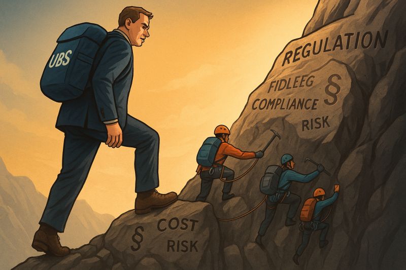 UBS climbing regulatory mountain representing FINMA rules, with smaller firms also scaling the same compliance burdens.