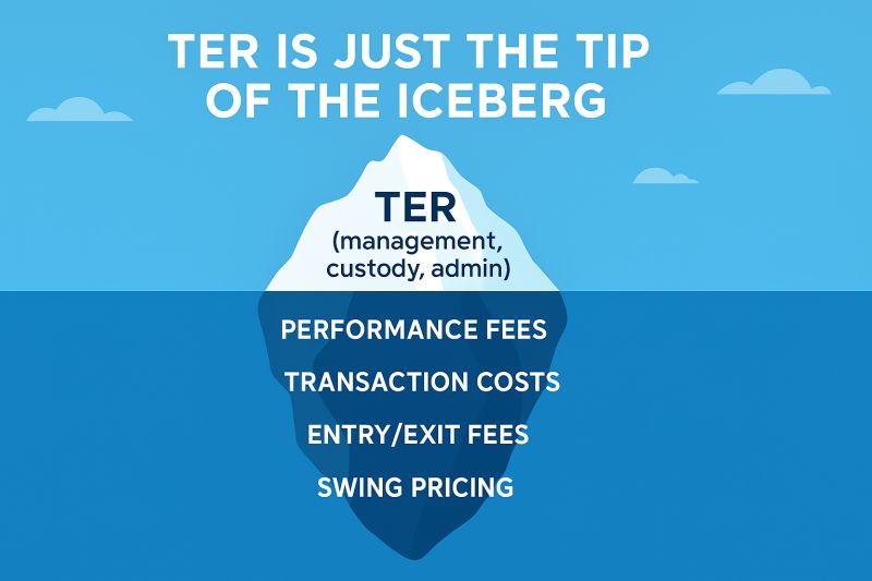 Graphic showing how TER Investment Funds only reflect surface costs, while hidden fees lie beneath