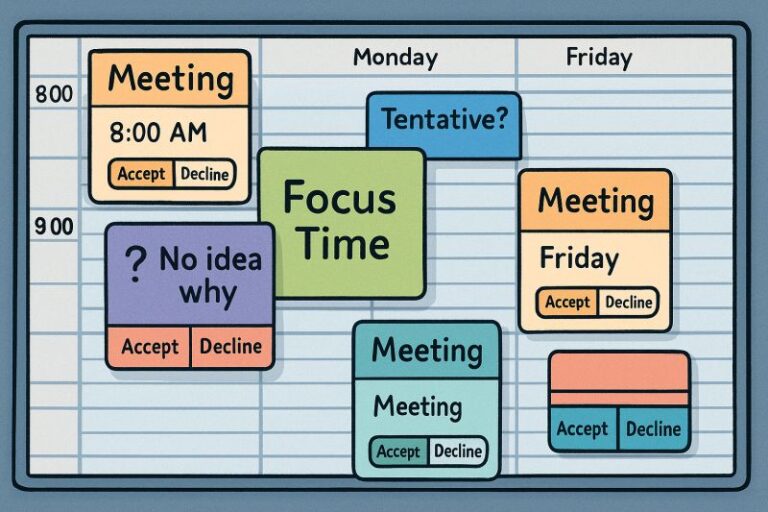 Illustrated chaotic weekly calendar with conflicting meetings and vague placeholders like “Focus Time” and “Tentative”