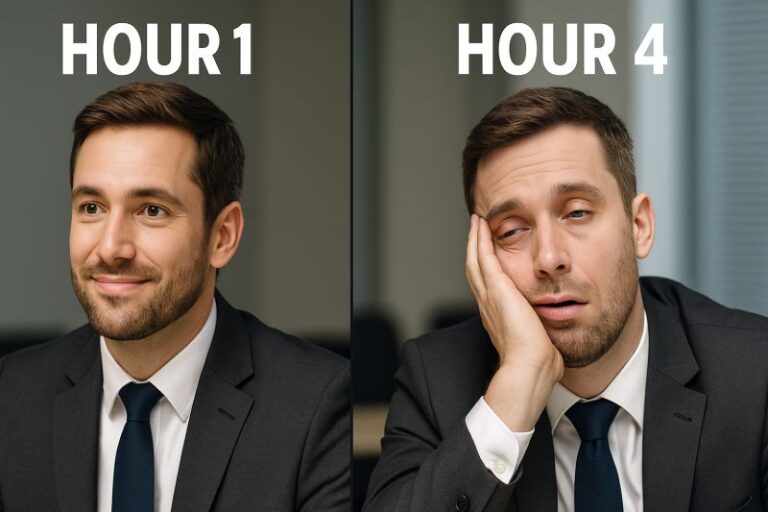 Businessman looking alert in hour one, exhausted in hour four of regulatory training