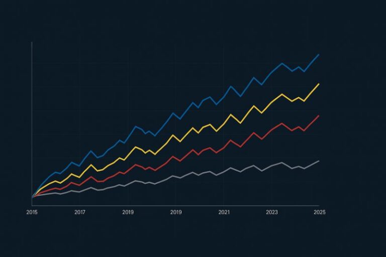 Line chart showing multi-currency portfolio growth from 2015 to 2025, highlighting the financial impact of a weak US-Dollar.