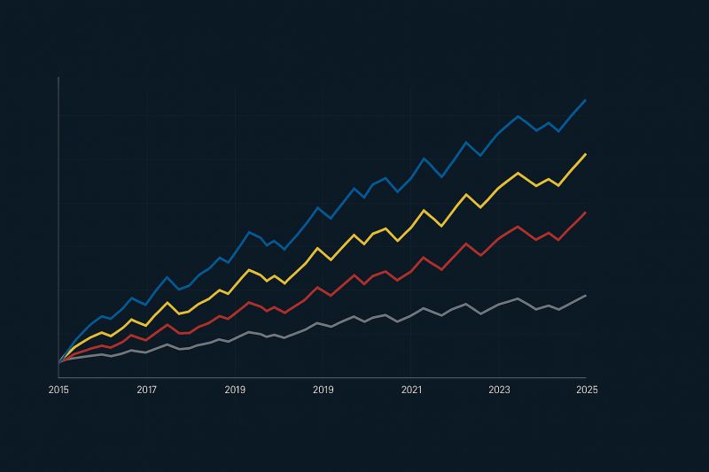 Liniendiagramm des Portfoliowachstums in mehreren Währungen von 2015 bis 2025, das die finanziellen Auswirkungen eines schwachen US-Dollars verdeutlicht.