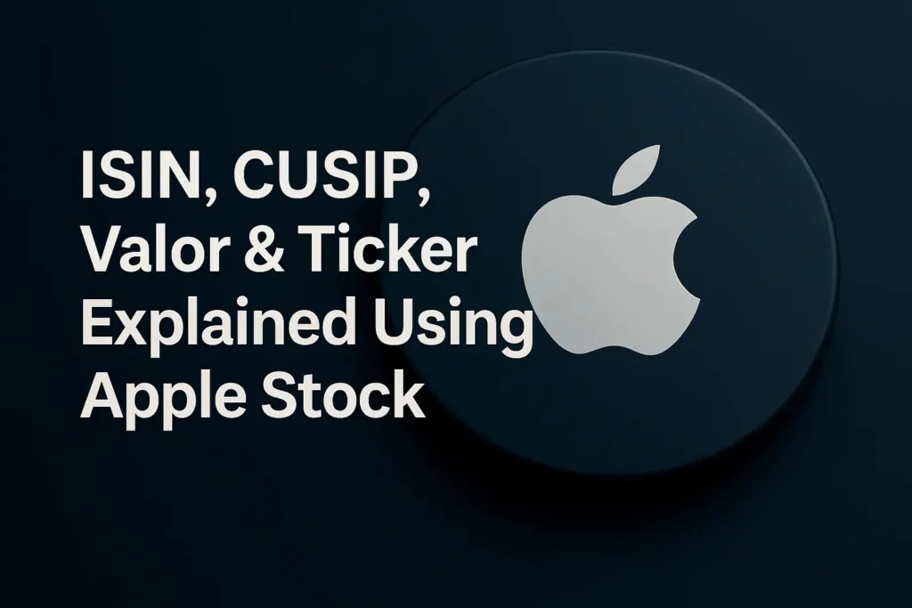 Modern 3D graphic showing Apple logo next to the title “Global Stock Identifier Guide” in silver text on a dark blue background.