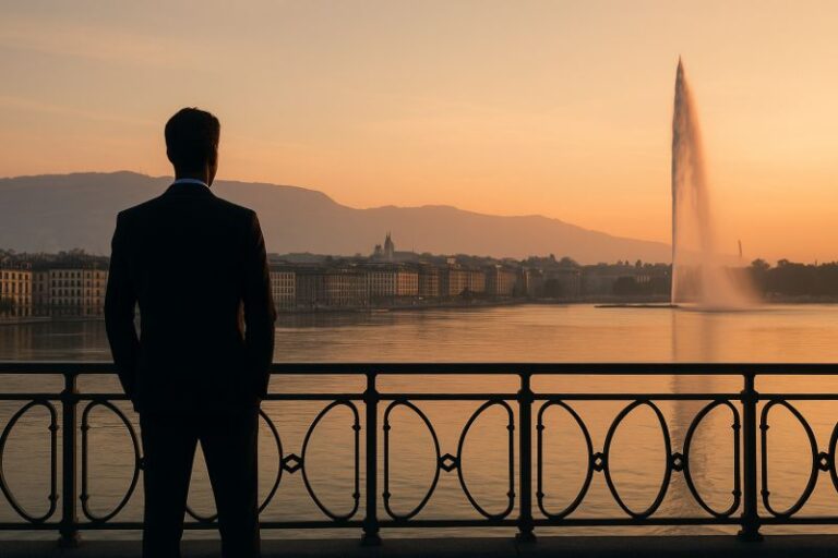 Man in suit overlooking Lake Geneva and Jet d’Eau fountain at sunrise, symbolising future of Swiss wealth management.