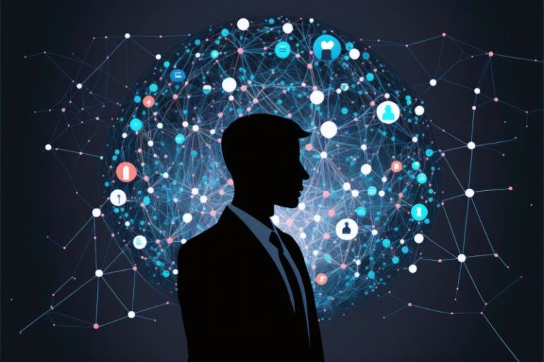 Silhouette of businessman in front of AI-powered digital network sphere