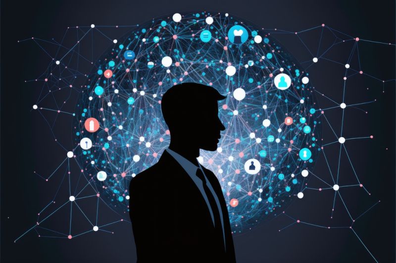 Silhouette eines Geschäftsmannes vor einer KI-gesteuerten digitalen Netzkugel