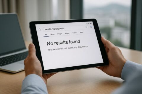 Tablet zeigt "Keine Ergebnisse gefunden" für die Suche nach Wealth Management - Symbol für fehlende digitale Präsenz