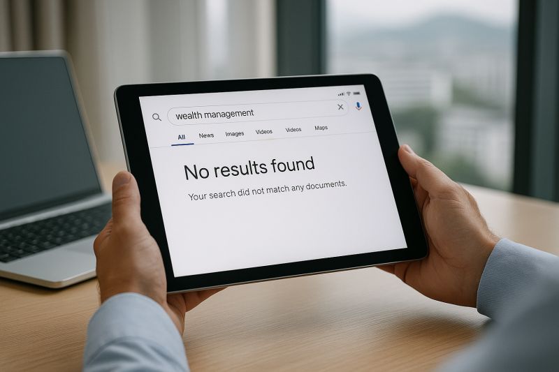 Tablet showing “No results found” for wealth management search — symbolising missing digital presence