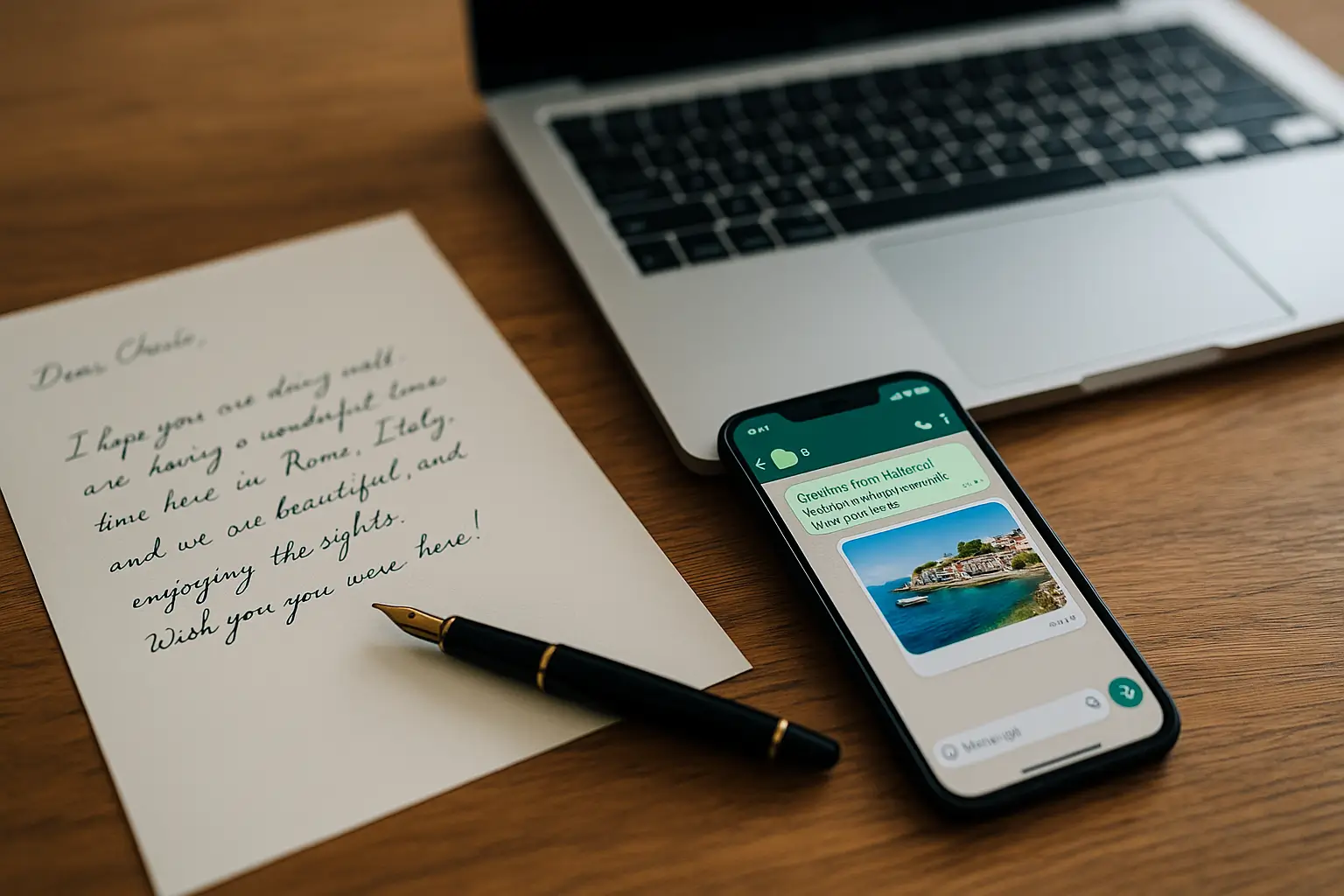 A handwritten holiday letter, a smartphone showing a WhatsApp message from Mallorca, and a laptop on a wooden desk – symbolising the contrast between traditional letters, digital communication, and AI prompting in wealth management.