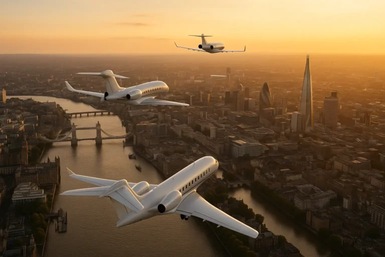 Three private jets flying over London’s skyline at sunset, with Tower Bridge, The Shard and Big Ben visible, symbolising UHNWIs leaving the UK after non-dom tax reform.