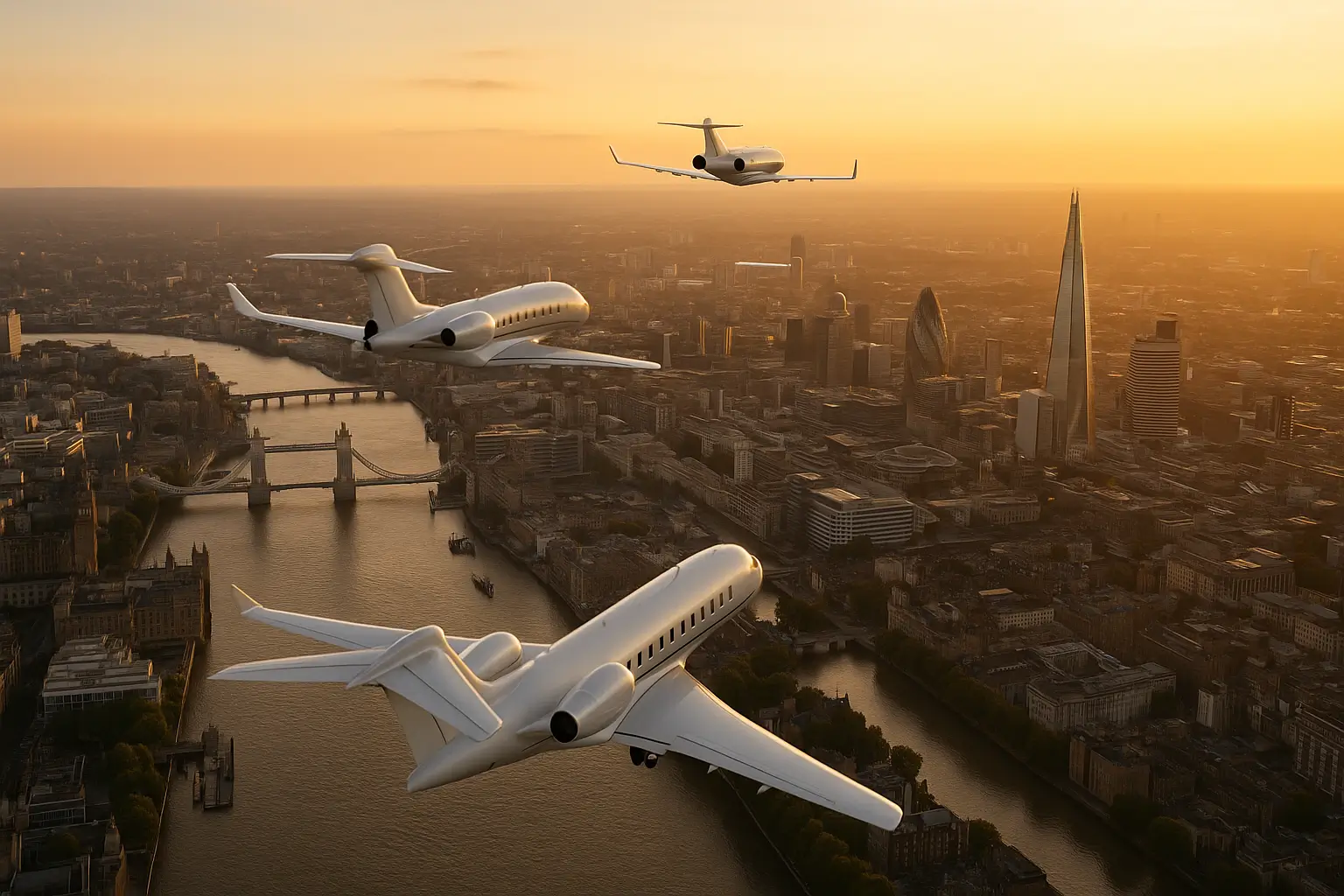 Drei Privatjets, die bei Sonnenuntergang über die Londoner Skyline fliegen, wobei die Tower Bridge, The Shard und Big Ben zu sehen sind, symbolisieren den Wegzug von UHNWIs aus dem Vereinigten Königreich nach der Steuerreform für Nichtvermögende.