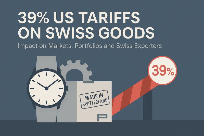 Abbildung mit Schweizer Waren, die mit einem US-Zoll von 39% belegt sind, mit Uhr, Getriebe und Exportschranke