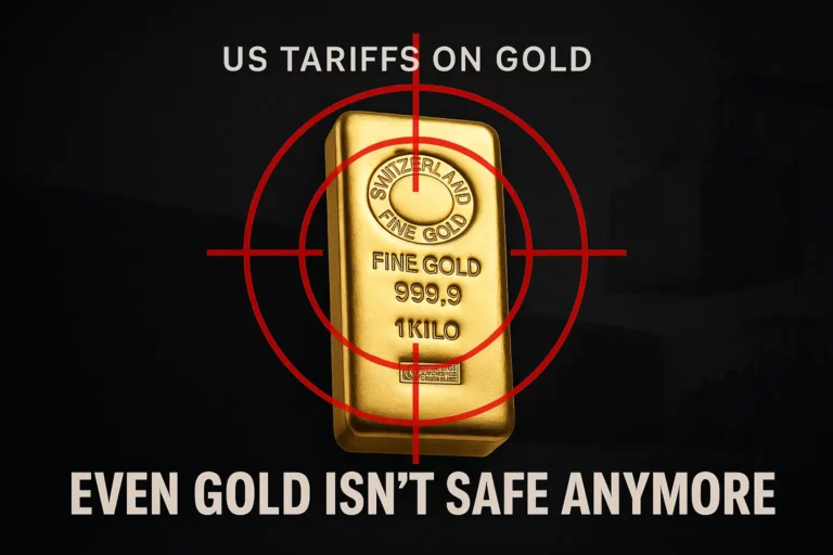 Swiss gold bar in red crosshair target, symbolising US tariffs and loss of asset neutrality