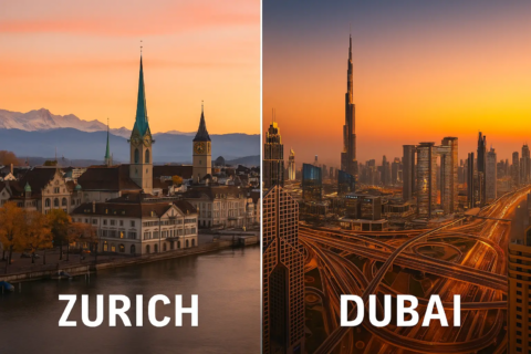 Die Skylines von Zürich und Dubai sind nebeneinander abgebildet und symbolisieren die Rangfolge der globalen Finanzzentren, Stabilität und risikoreiches Wachstum.