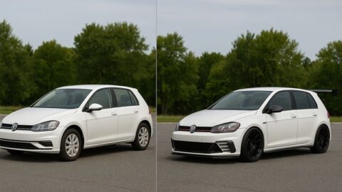 Zwei ähnliche weiße Schrägheckautos nebeneinander: ein Standardauto und ein maßgeschneidertes Auto - visuelle Metapher für skalierbare und maßgeschneiderte Konfigurationen