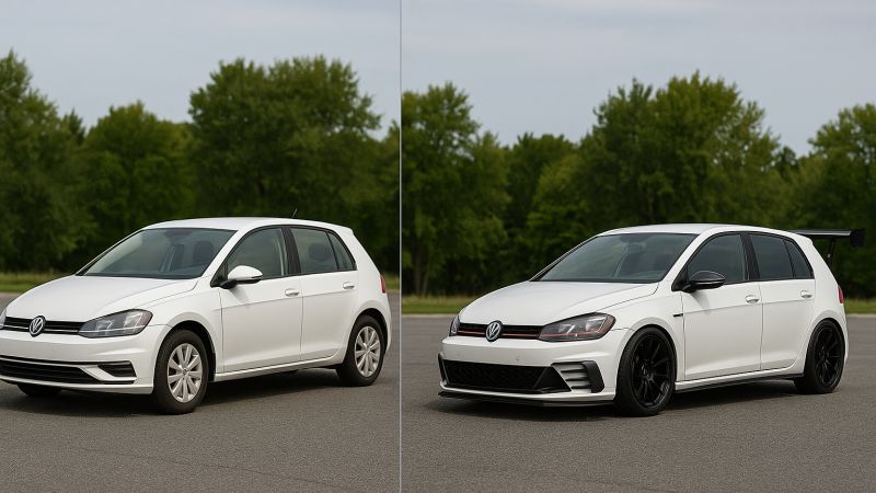 Two similar white hatchback cars side by side: one standard, one customised — visual metaphor for scalable vs. tailored setups