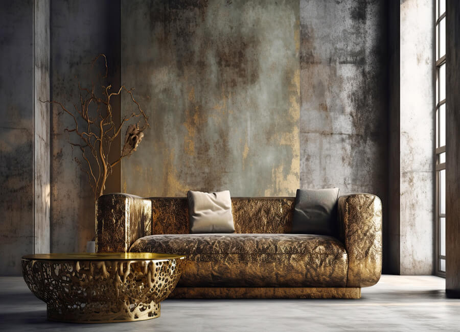 Goldenes Luxusinterieur mit Sofa und Tisch als Symbol für die Stabilität der Vermögensverwaltung