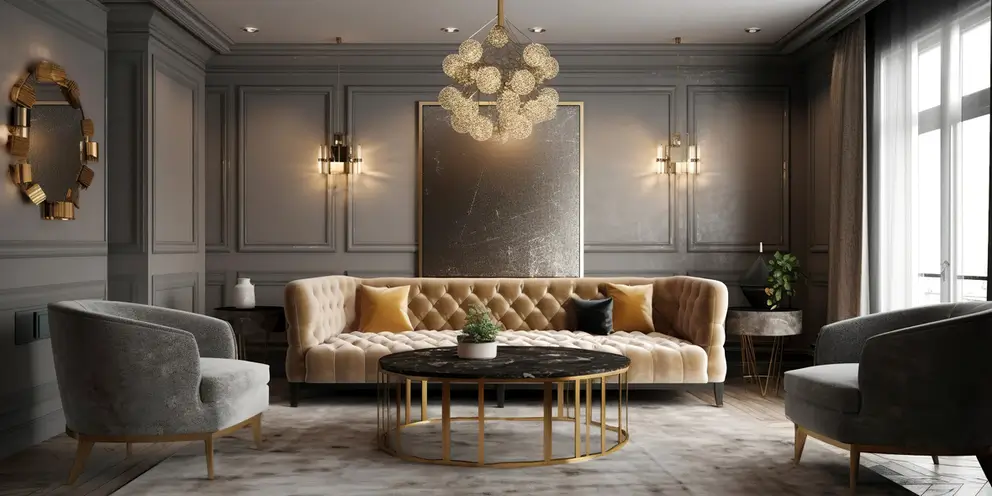 Elegantes Interieur mit Samtsofa und goldenem Kronleuchter als Symbol für die Exzellenz der unabhängigen Schweizer Vermögensverwaltung und des Private Banking.
