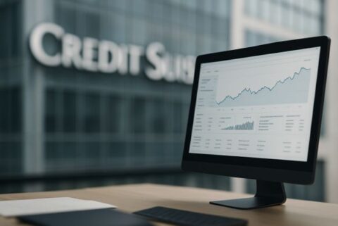 Büroansicht der Credit Suisse mit Bildschirm, der das Finanz-Dashboard im Fokus zeigt