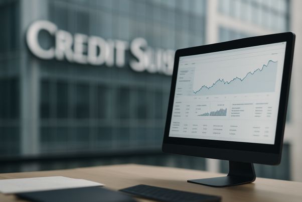 Büroansicht der Credit Suisse mit Bildschirm, der das Finanz-Dashboard im Fokus zeigt