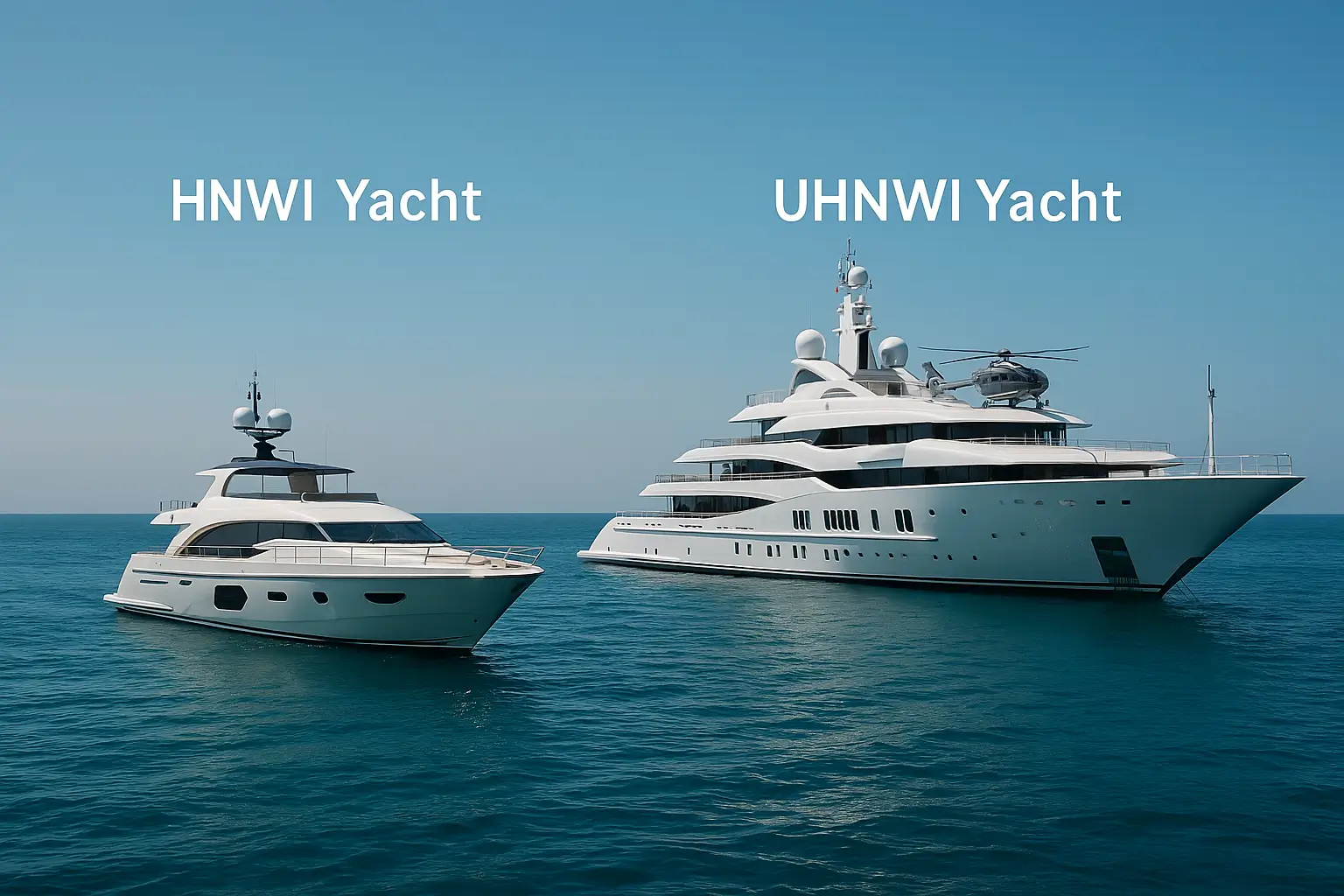 Nebeneinanderliegende Yachten, die den Unterschied im Lebensstil zwischen einem High Net Worth Individual (HNWI) und einem Ultra High Net Worth Individual (UHNWI) verdeutlichen