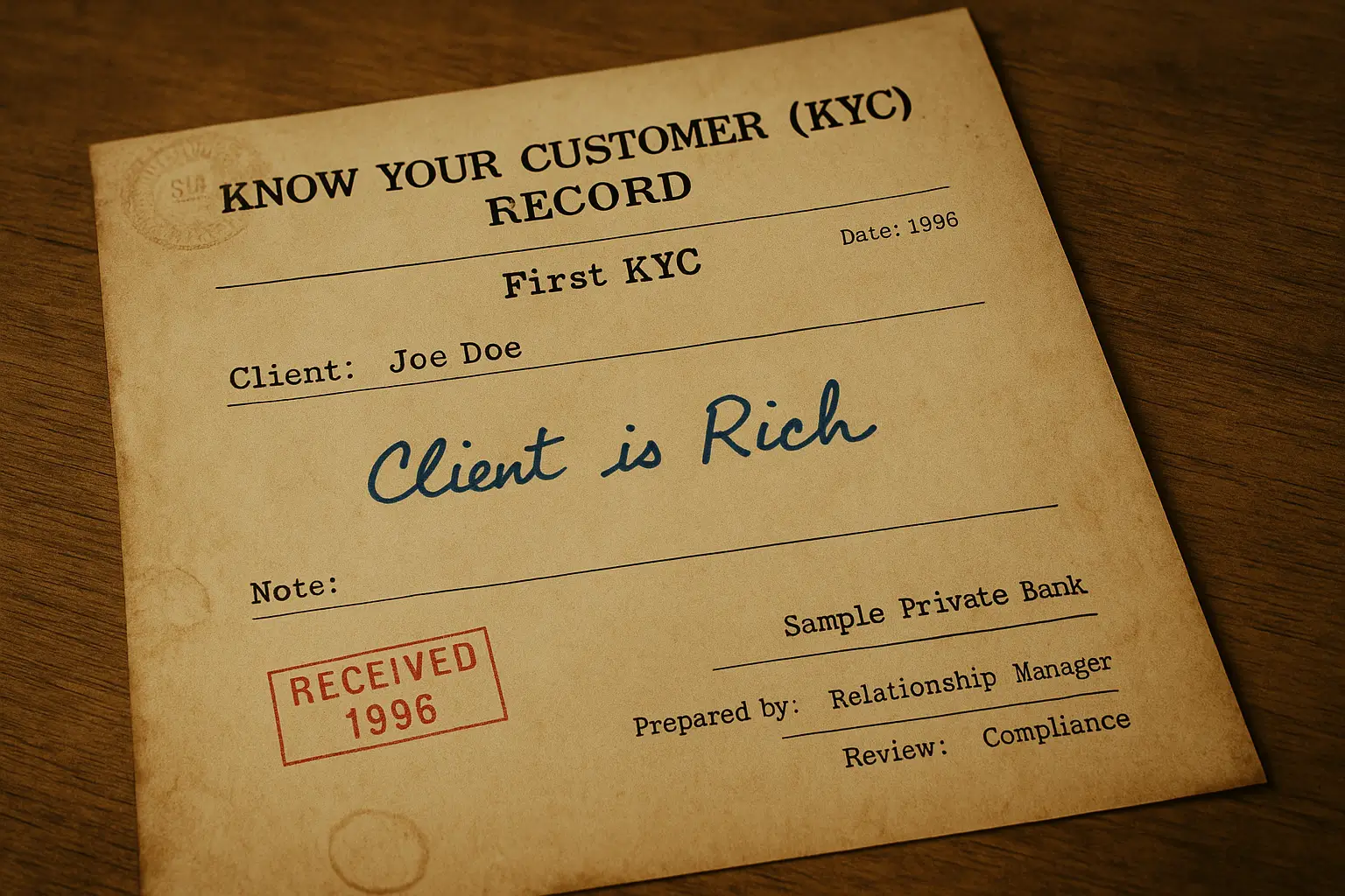 Vintage 16:9 KYC-Protokoll von 1996 auf einem Holztisch, Schreibmaschinentext mit rotem Stempel "RECEIVED 1996" und handschriftlichem Vermerk "Client is Rich".