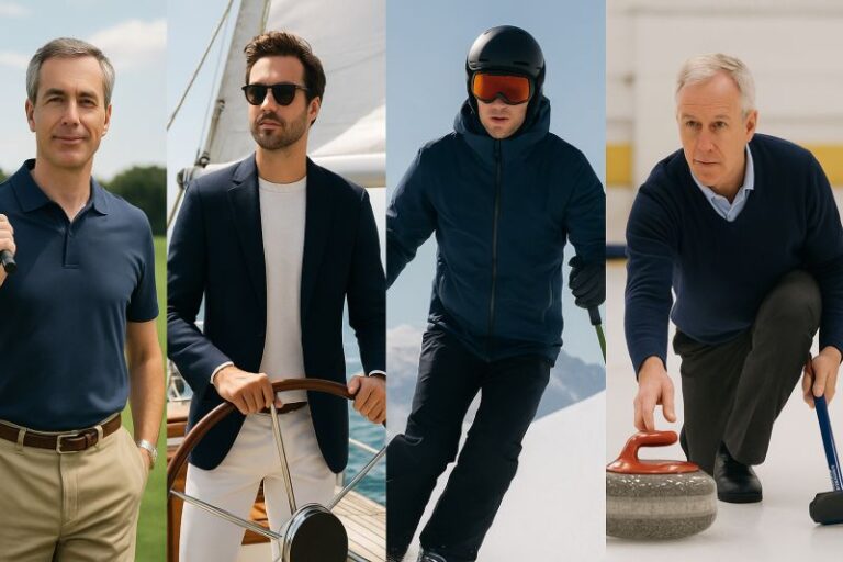 Four stylish private bankers shown playing golf, sailing, skiing, and curling