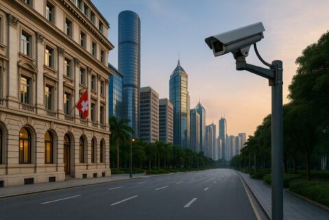 Schweizer Bankgebäude mit Überwachungskamera und moderner Stadtsilhouette im Hintergrund