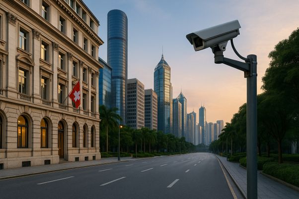 Schweizer Bankgebäude mit Überwachungskamera und moderner Stadtsilhouette im Hintergrund