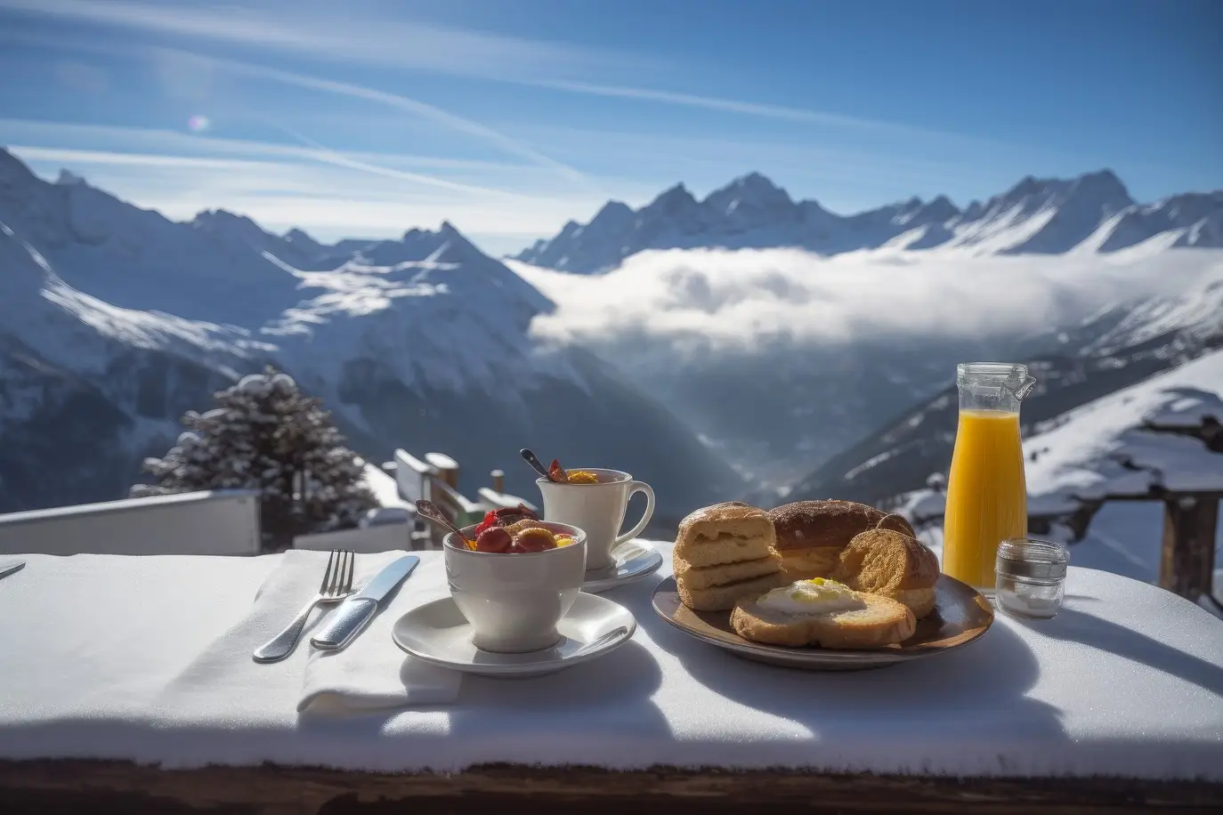 Frühstück mit Kaffee, Saft und Gebäck in den Schweizer Alpen als Symbol für Luxus, Stabilität und den Lebensstil des Schweizer Private Banking.