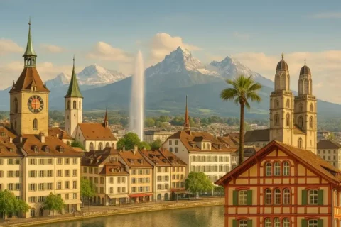 Blick auf eine Schweizer Stadt mit See, Kirchen, Bergen und Palmen - surreale Kantonsmischung