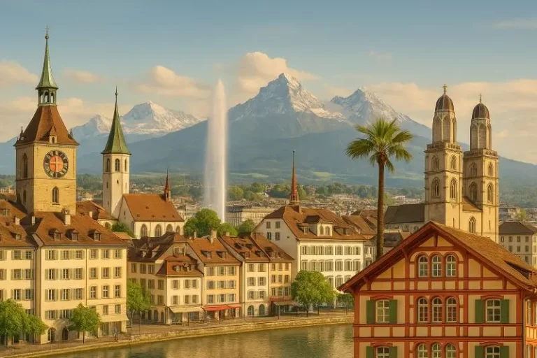 View of Swiss city with lake, churches, mountains and palm tree – surreal canton blend