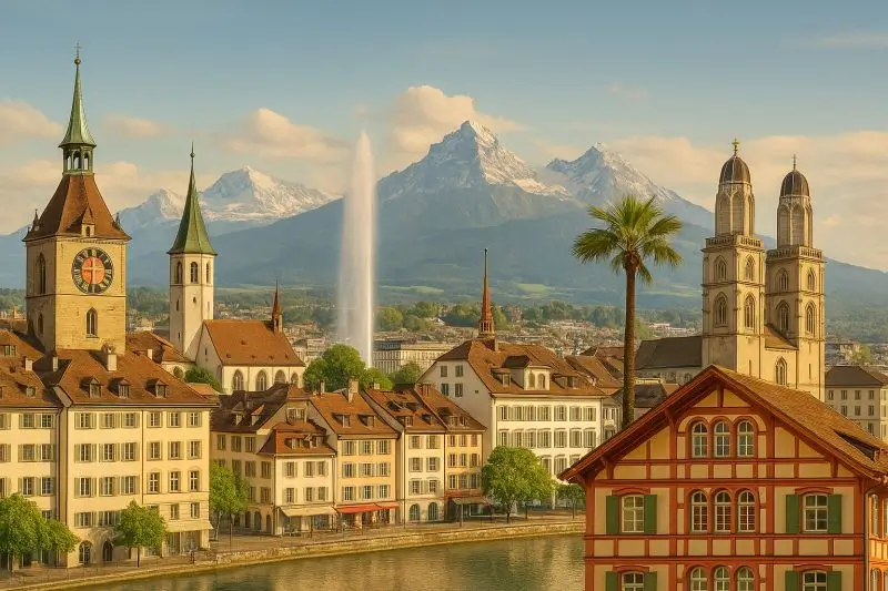 Blick auf eine Schweizer Stadt mit See, Kirchen, Bergen und Palmen - surreale Kantonsmischung