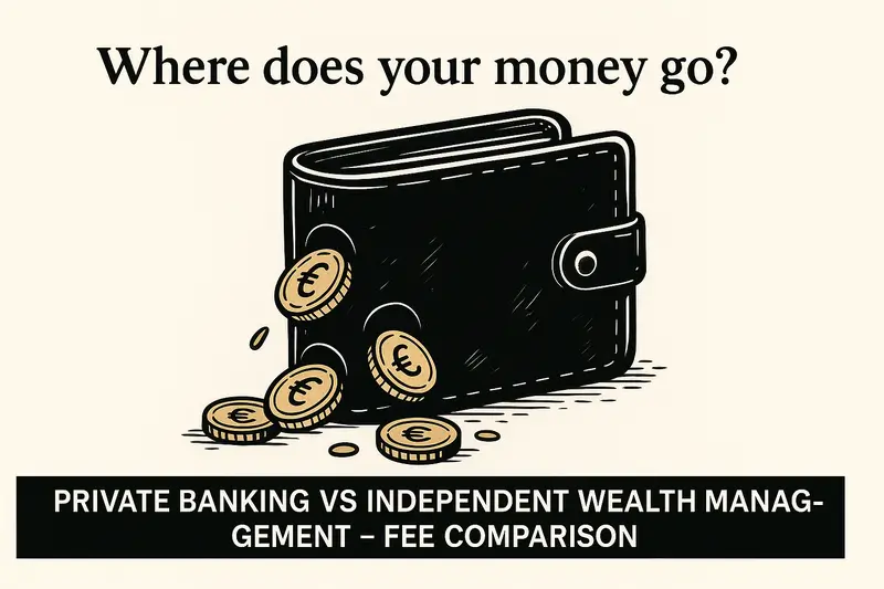 Illustration showing money leaking from a wallet, symbolising hidden wealth management fees.