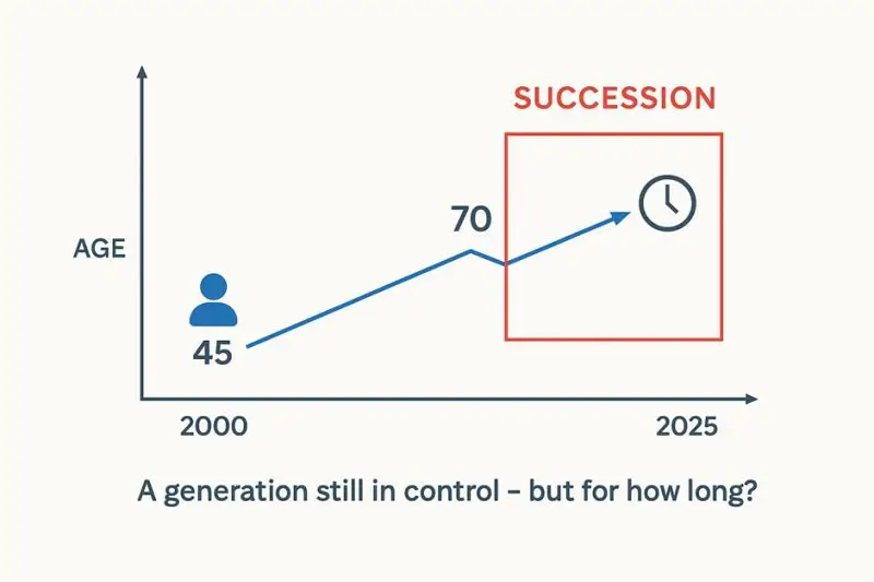 Graph showing ageing founders and timeline toward succession