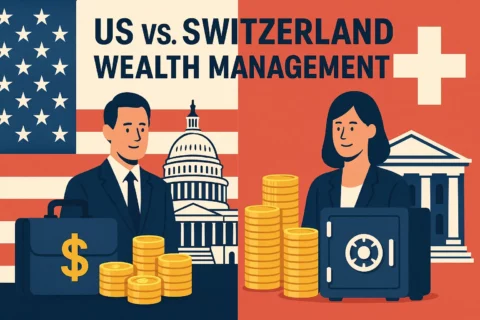 Illustration zum Vergleich der US-amerikanischen und schweizerischen Ansätze für eine unabhängige Vermögensverwaltung, mit nationalen Symbolen, einem Geschäftsmann und einer Geschäftsfrau, Goldmünzen und Finanzgebäuden. USA vs. Schweiz
